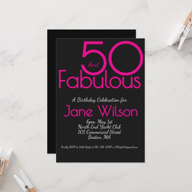 Invitation  Black with Pink Text 50 and Fabulous Birthday   (Devant/Arrière en situation)