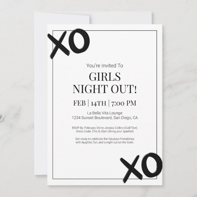 Invitation Black XOXO Girls Night Out Friends Galentine Party (Devant)