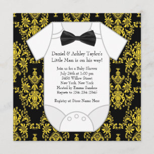 Invitation Black Yellow Damask Baby Boy Douche