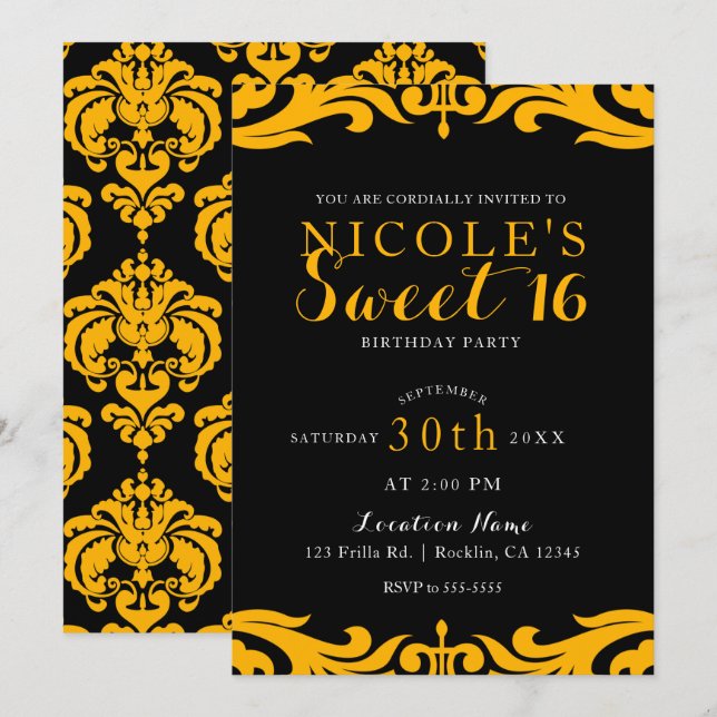 Invitation Black & Yellow Damassé Chic Élégant Douce Fête 16  (Devant / Derrière)