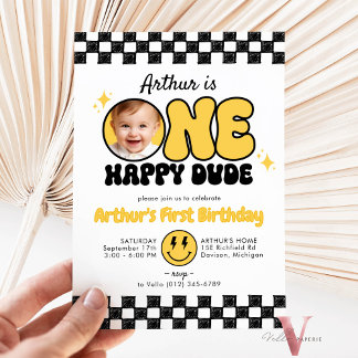 Invitation Black Yellow ONE HAPPY DUDE Photo Anniversaire Sup