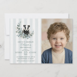 Invitation Blaireau aquarelle 1er anniversaire garçon