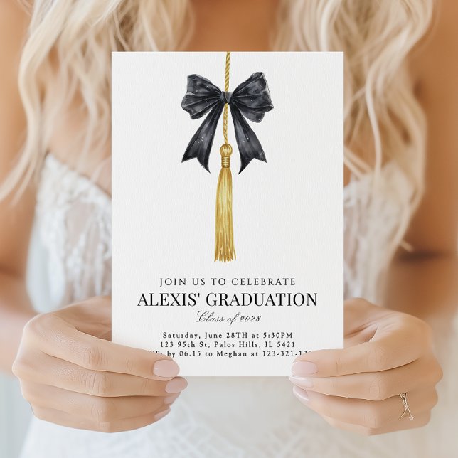 Invitation Blak Coquette Noeud Papillon Pompon Diplômé de la  (Créateur téléchargé)