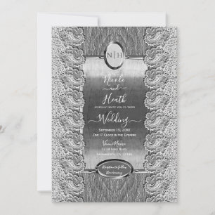 Invitation Blanc Antique Dentelle Gris Bois Argent Mariage  