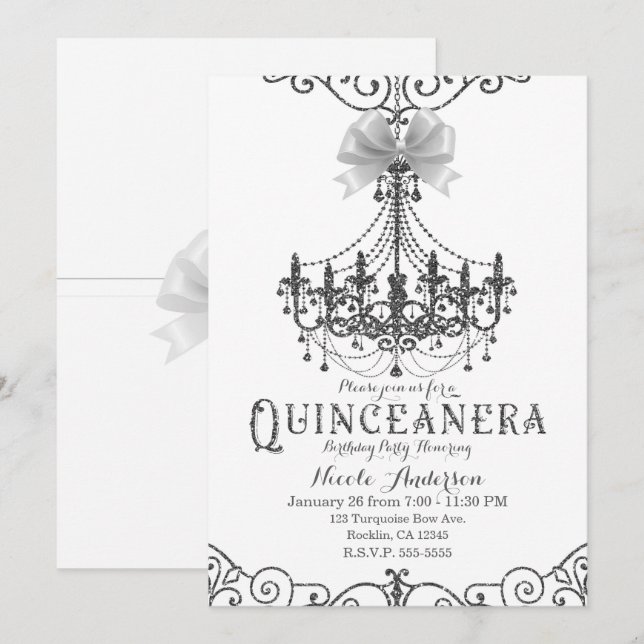 Invitation Blanc & Argent Blanc Nœud Chic Quinceañera 15 15e (Devant / Derrière)