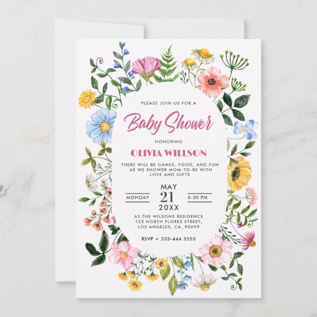 Invitation Blanc Avec Cadre Floral Vert baby shower (Devant)