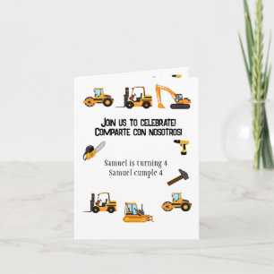 Invitation Blanc Bilingue Boy Anniversaire Fête Construction