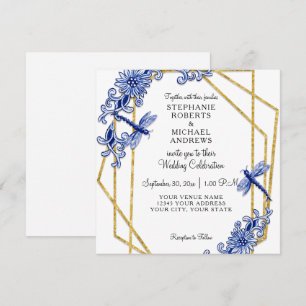 Invitation Blanc bleu Chinoiserie Dragonfly Floral Aquarelle