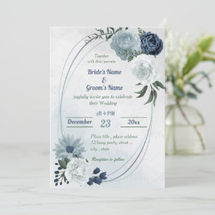 Invitation blanc & bleu vert fleuri mariage géométrique