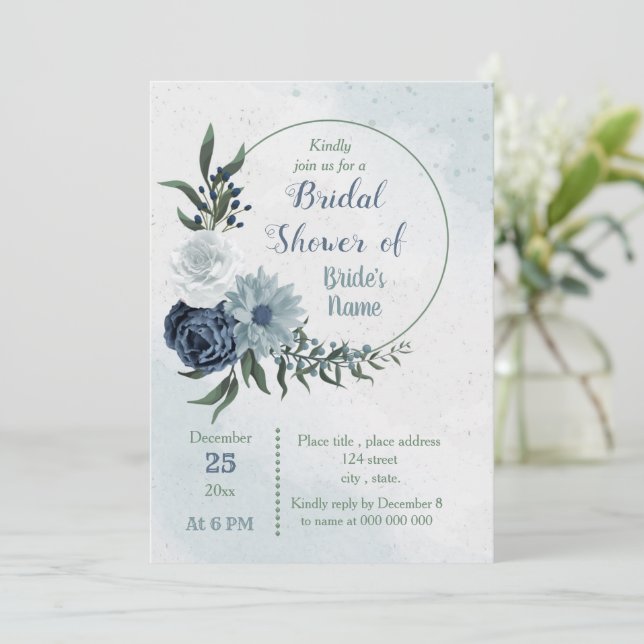 Invitation blanc & bleu vert fleurie couronnes douche nuptial (Debout devant)