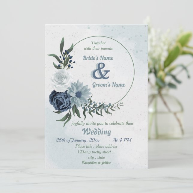 Invitation blanc & bleu vert fleurie mariage de couronne (Debout devant)