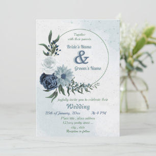 Invitation blanc & bleu vert fleurie mariage de couronne