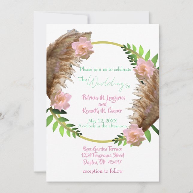 Invitation Blanc Boho Hoop Vert Pampas Mariage (Devant)