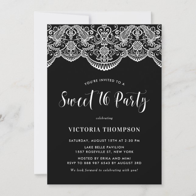 Invitation Blanc Brocade dentelle noire Sweet 16 Party (Devant)
