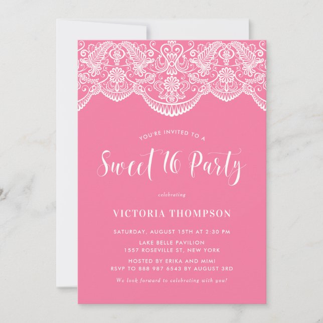 Invitation Blanc Brocade dentelle rose douce 16 Party (Devant)