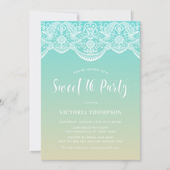 Invitation Blanc Brocade Lace Bleu Ombre Sweet 16 Party (Devant)