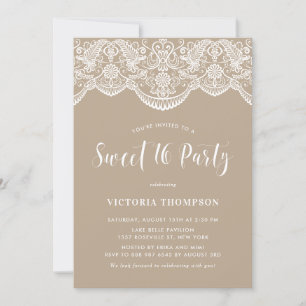 Invitation Blanc Brocade Lace Taupe Sweet 16 Party