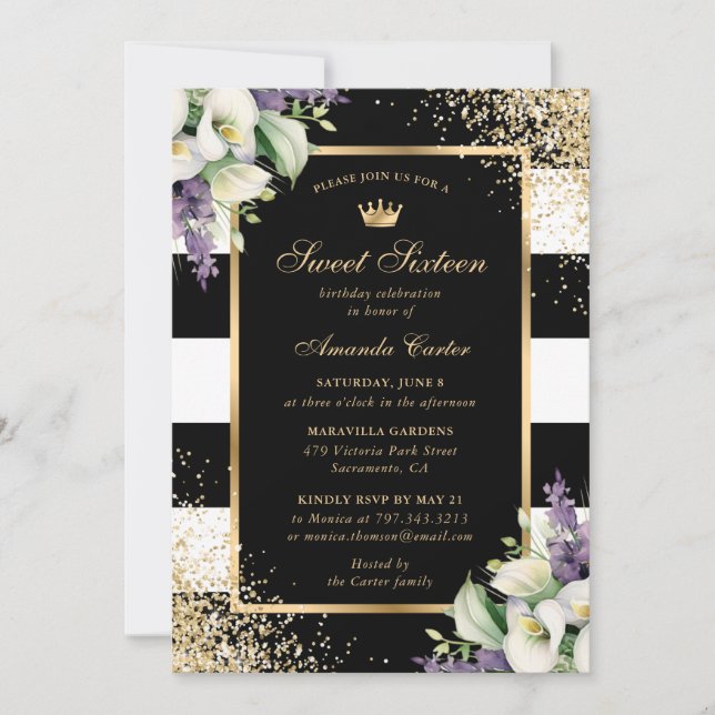 Invitation Blanc Calla Lily Black Gold Sweet 16 anniversaire (Devant)