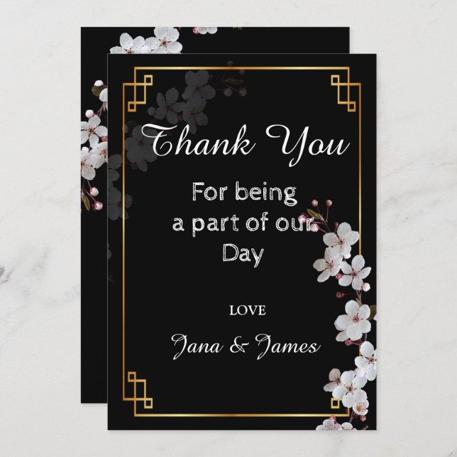 Invitation blanc cerise fleurs & cadre doré merci (Devant / Derrière)