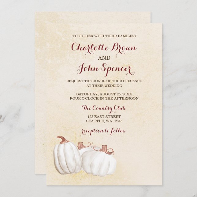 Invitation blanc citrouille automne moisson mariage invite (Devant / Derrière)