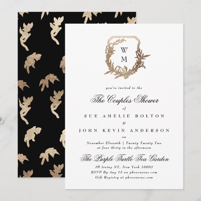 Invitation blanc classique noir motif or couple (Devant / Derrière)