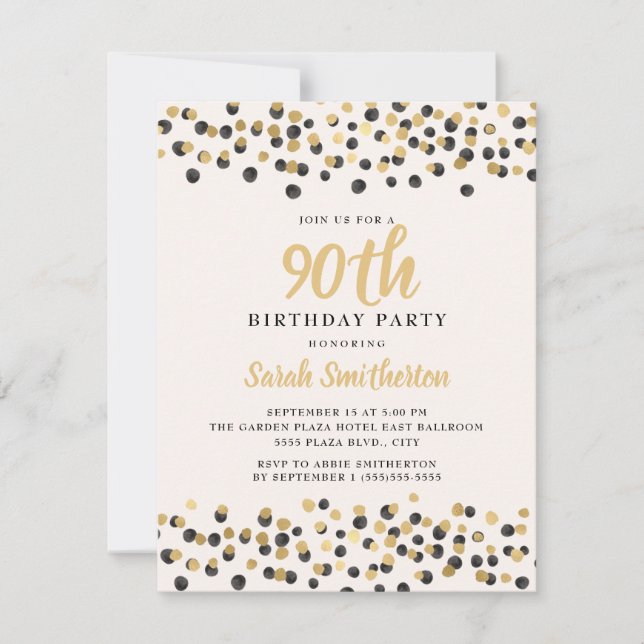 Invitation Blanc Confettis Dorés et Noirs Pailletés 90e Anniv (Devant)