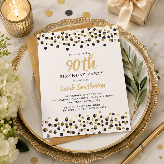 Invitation Blanc Confettis Dorés et Noirs Pailletés 90e Anniv (Black and gold confetti 90th birthday party invitation)
