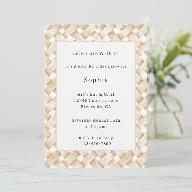 Invitation Blanc Crème Anniversaire Tissage Panier Faux (Debout devant)