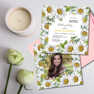 Invitation Blanc Daisy Floral Green Photo Anniversaire