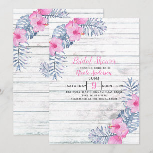 Invitation Blanc de plage Bois Tropical Fleurs d'Hibiscus Flo