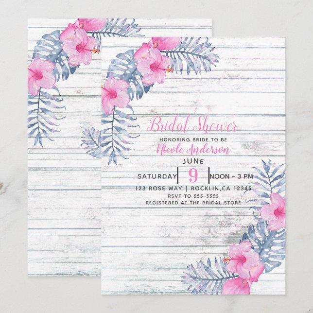 Invitation Blanc de plage Bois Tropical Fleurs d'Hibiscus Flo (Devant / Derrière)