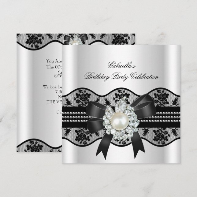Invitation Blanc Dentelle noire Perle Élégant Fête d'annivers (Devant / Derrière)