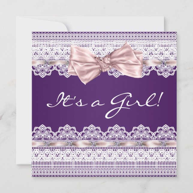 Invitation Blanc dentelle rose ruban Girl Baby shower pourpre (Devant)