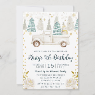 Invitation Blanc d'hiver et camion floral anniversaire or