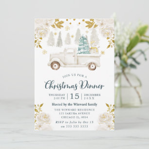 Invitation Blanc d'hiver et camion floral doré de Noël