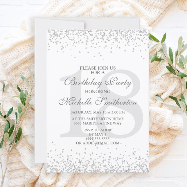 Invitation Blanc Élégant Argent Gris Paillettes 18e Anniversa (Créateur téléchargé)