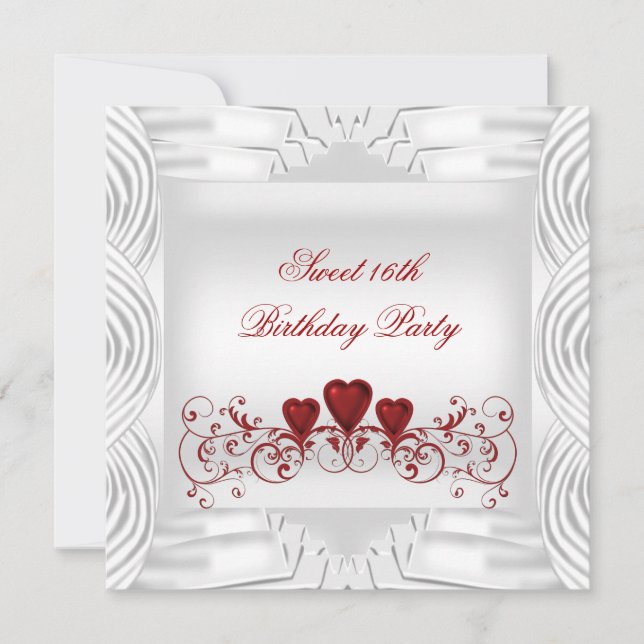 Invitation Blanc Élégant Cœurs Rouges Sweet 16 (Devant)