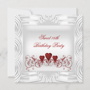 Invitation Blanc Élégant Cœurs Rouges Sweet 16