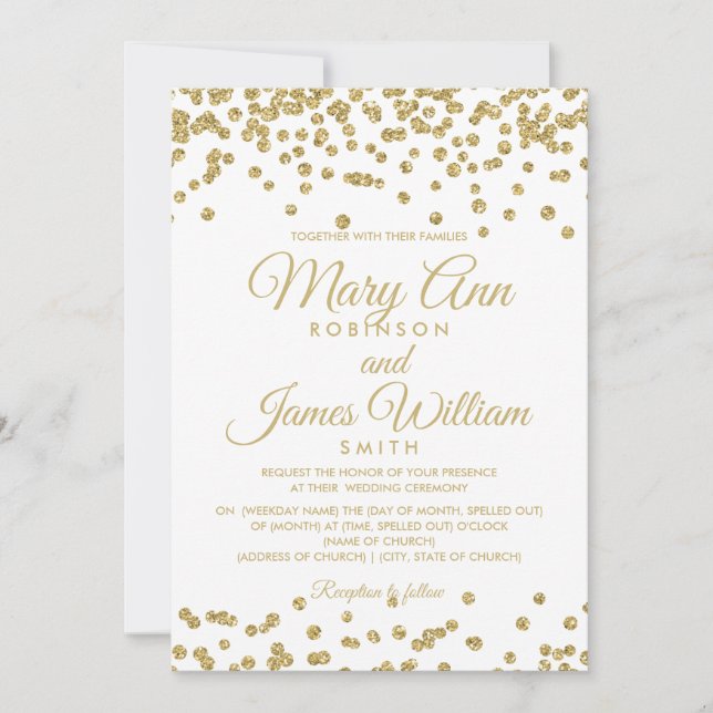 Invitation Blanc élégant de mariage de confettis de parties (Devant)