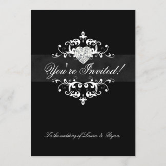Invitation Blanc élégant de noir de coeur de bijou