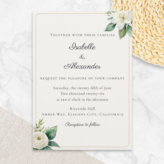 Invitation Blanc Élégant Fleurs et Feuillage en Doré Faux (An elegant wedding invitation in classic ivory with custom text and white flowers)