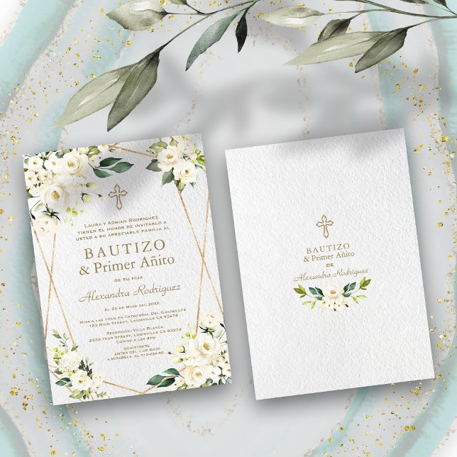 Invitation Blanc Élégant Floral Espagnol 1er Anniversaire Bap (Créateur téléchargé)