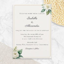 Invitation Blanc Élégant Floral Vert Or