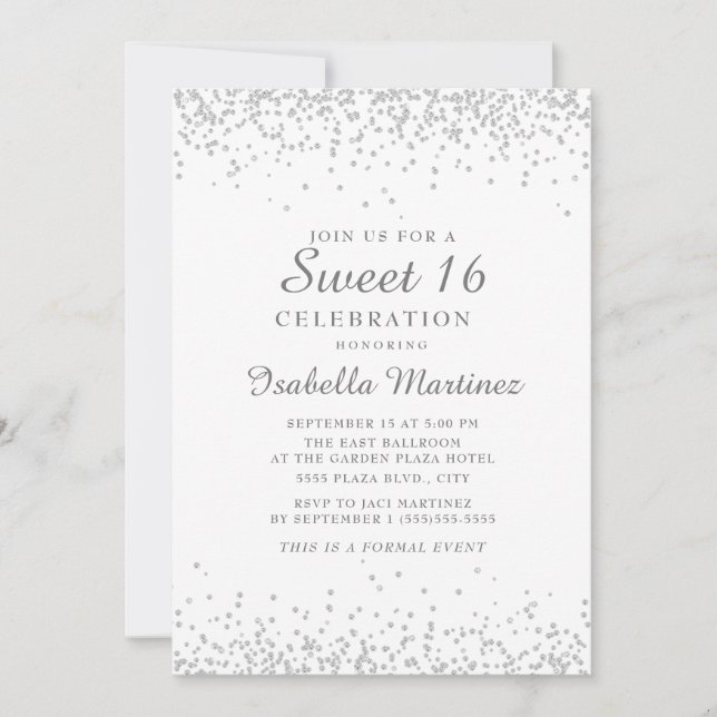 Invitation Blanc Élégant Paillettes Argent Douce 16 (Devant)