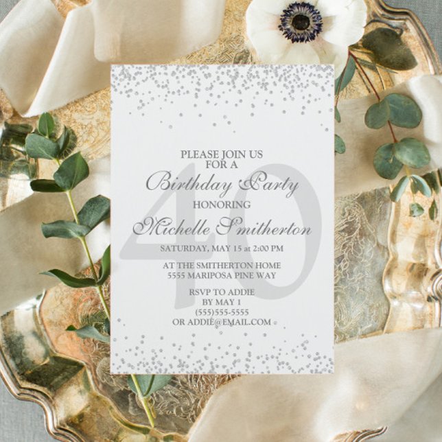 Invitation Blanc Élégant Paillettes Gris Argent 40e Anniversa (Créateur téléchargé)