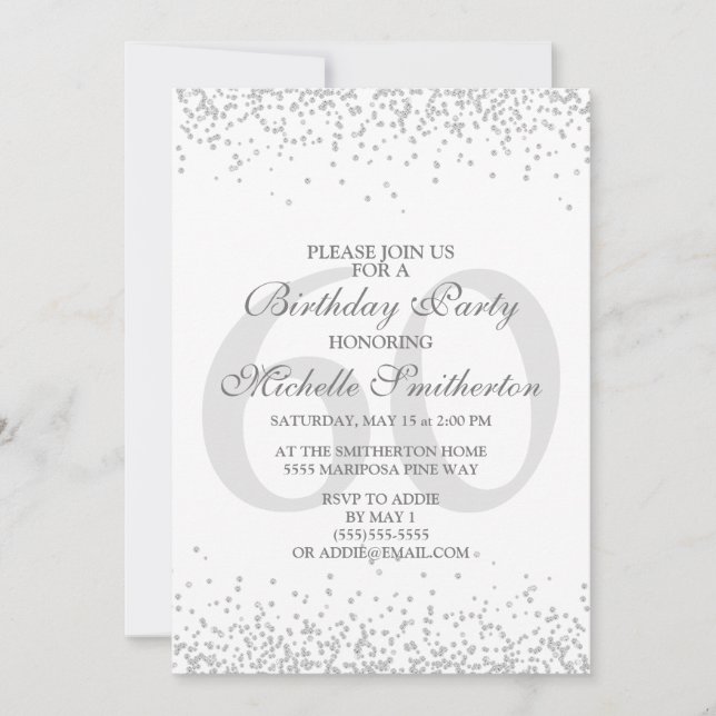 Invitation Blanc Élégant Paillettes Gris Argent 60e Anniversa (Devant)