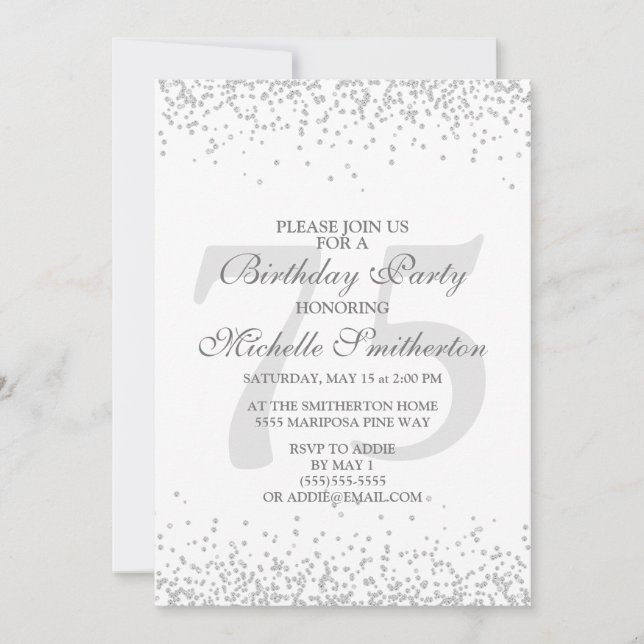 Invitation Blanc Élégant Paillettes Gris Argent 75e Anniversa (Devant)