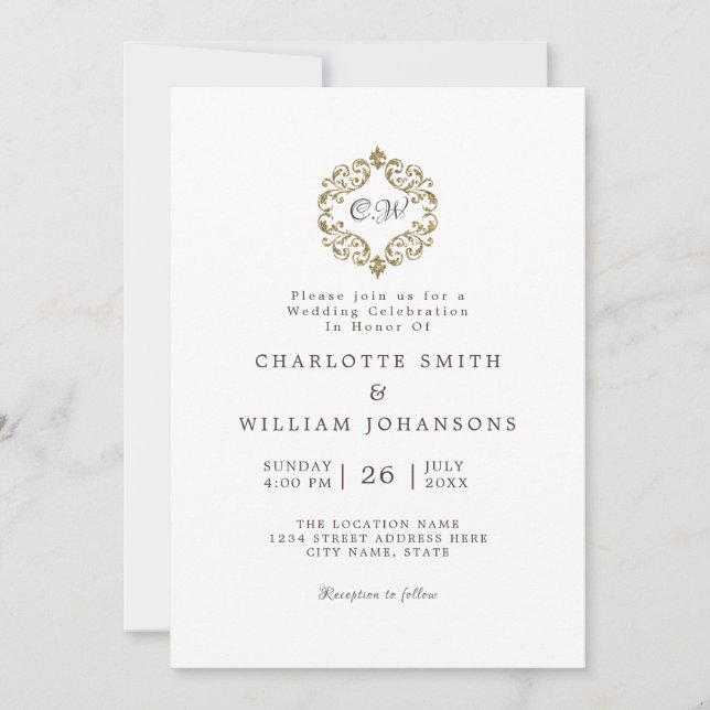 Invitation Blanc Elegant Simple Gold Frame Mariage initial (Devant)
