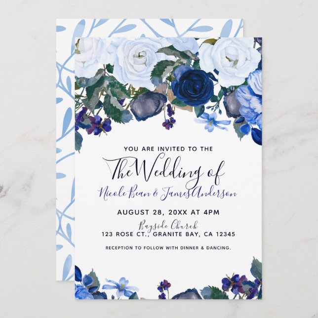 Invitation Blanc et bleu hiver Floral Bouquet Chic Mariage (Devant / Derrière)