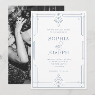 Invitation Blanc et Bleu Poussiéreux Photo de Mariage Intem